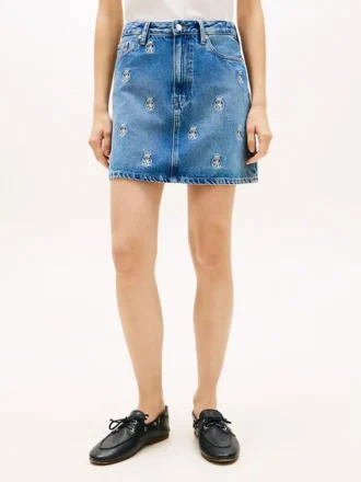 Allover Crest High-Rise Denim Mini Skirt