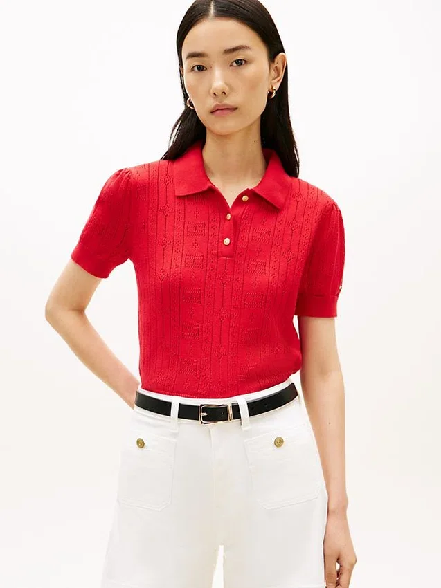 Allover Flag Logo Pointelle Sweater Polo Allover Flag Logo Pointelle Sweater Polo