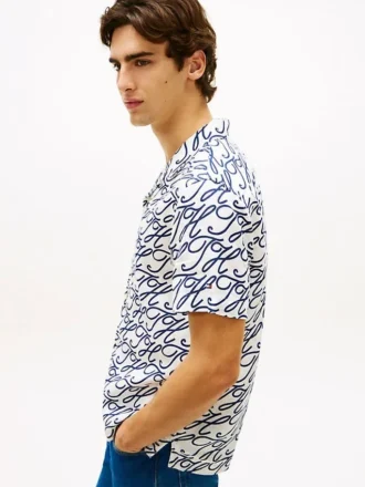 Allover Script Monogram Linen Camp Shirt