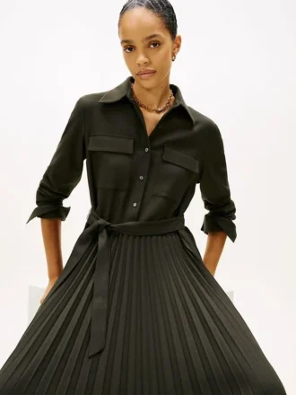 Belted Pleated Twill Shirtdress