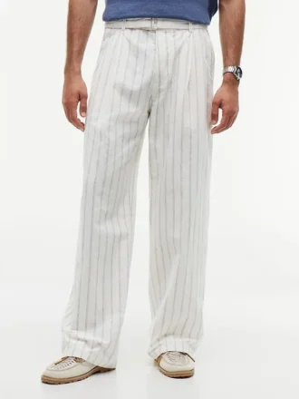 Belted Striped Cotton-Linen Blend Pant
