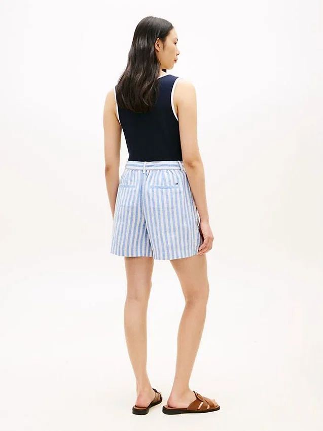 Belted Striped Linen-Blend Short Belted Striped Linen-Blend Short