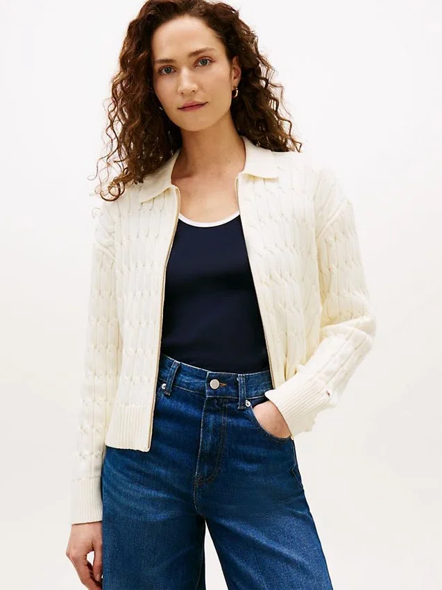 Boxy Fit Cable Knit Zip Cardigan Boxy Fit Cable Knit Zip Cardigan