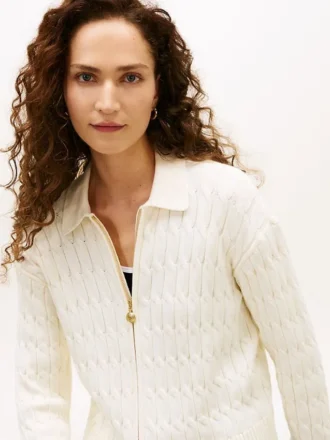 Boxy Fit Cable Knit Zip Cardigan