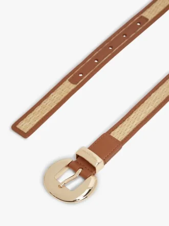 Circle Buckle Leather & Raffia Belt