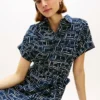 Flag Print Belted Linen Midi Shirtdress