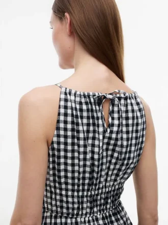 Gingham Shirred Linen-Blend Midi Dress