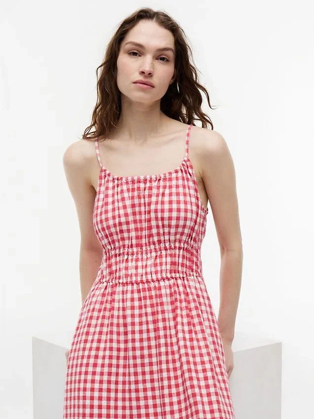 Gingham Shirred Linen-Blend Midi Dress Gingham Shirred Linen-Blend Midi Dress