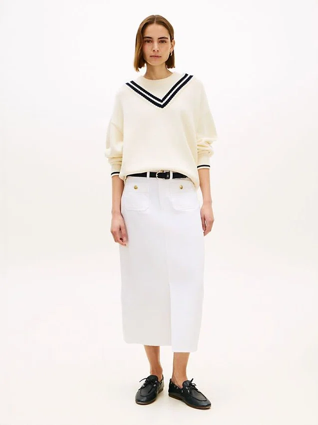 Gold-Button Pocket Denim Midi Skirt Gold-Button Pocket Denim Midi Skirt