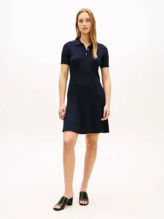 Gold-Button Rib Knit Polo Mini Dress