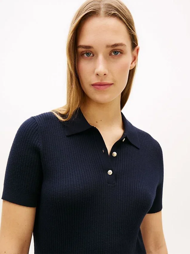 Gold-Button Rib Knit Polo Mini Dress Gold-Button Rib Knit Polo Mini Dress