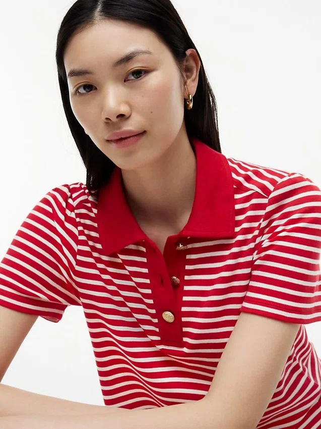 Gold-Button Striped Interlock Polo Dress Gold-Button Striped Interlock Polo Dress