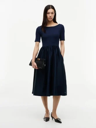 Half-Sleeve Mixed-Media Midi Dress