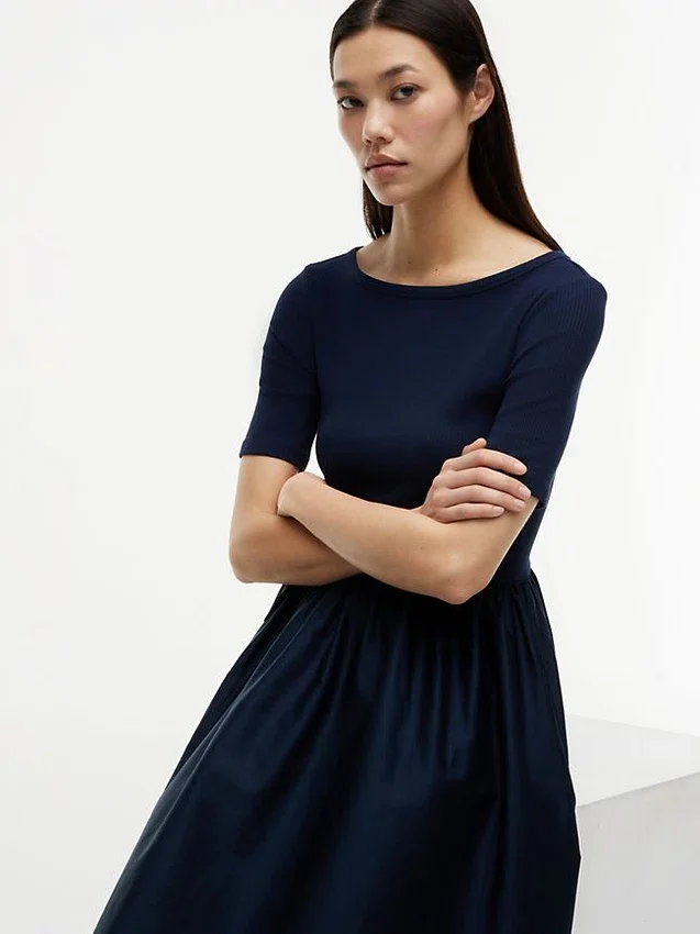 Half-Sleeve Mixed-Media Midi Dress Half-Sleeve Mixed-Media Midi Dress