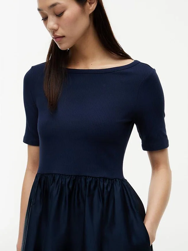 Half-Sleeve Mixed-Media Midi Dress Half-Sleeve Mixed-Media Midi Dress