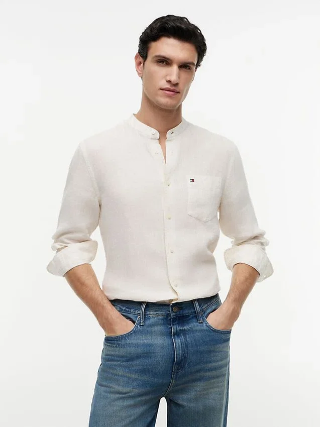 Regular Fit Band Collar Linen Shirt Regular Fit Band Collar Linen Shirt