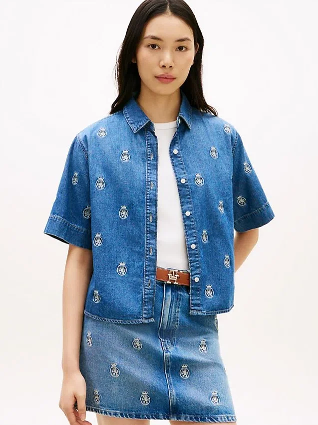 Relaxed Fit Allover Crest Denim Shirt Relaxed Fit Allover Crest Denim Shirt