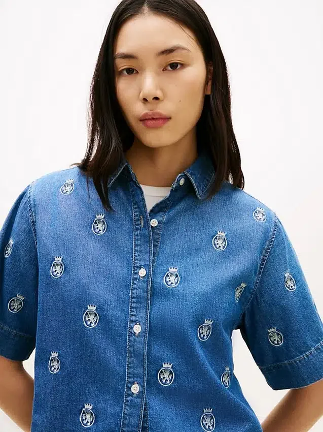 Relaxed Fit Allover Crest Denim Shirt Relaxed Fit Allover Crest Denim Shirt