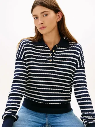 Relaxed Fit Cable Knit Sweater Polo