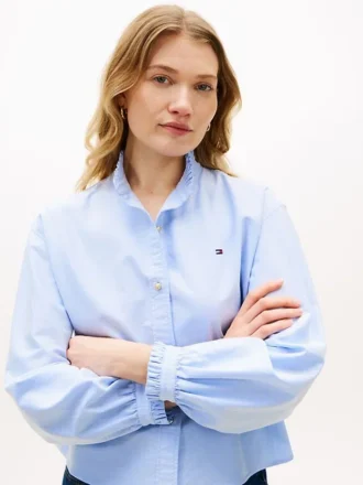 Ruffle Trim Cropped Oxford Shirt