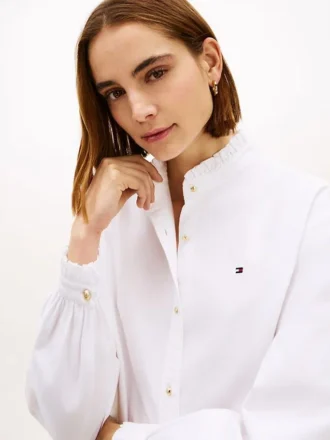 Ruffle Trim Cropped Oxford Shirt