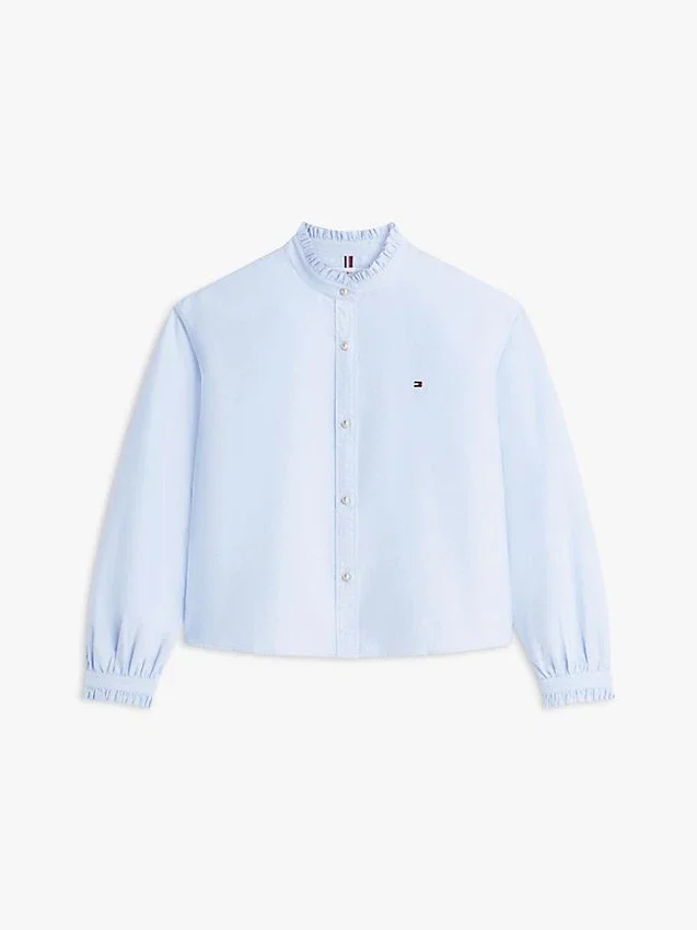 Ruffle Trim Cropped Oxford Shirt Ruffle Trim Cropped Oxford Shirt