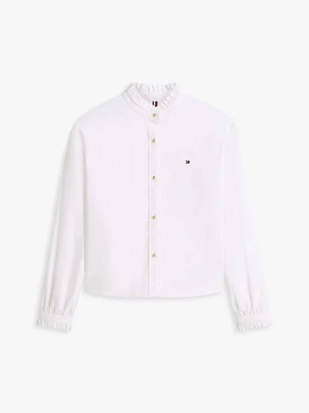 Ruffle Trim Cropped Oxford Shirt Ruffle Trim Cropped Oxford Shirt