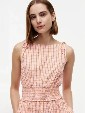 Shirred Gingham Seersucker Midi Dress