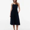 Shirred Linen-Blend Midi Dress