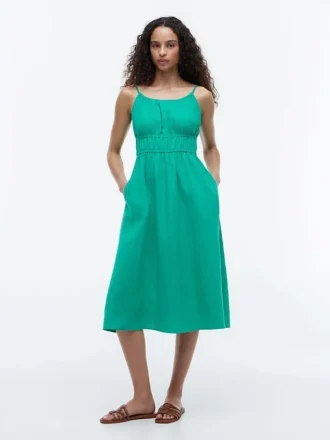 Shirred Linen-Blend Midi Dress