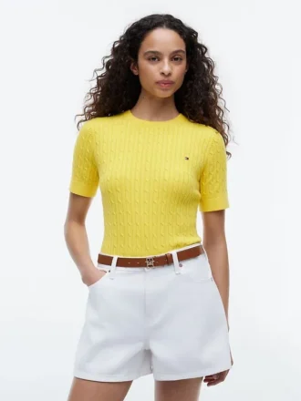 Short-Sleeve Cable Knit Sweater