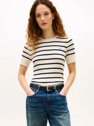 Short-Sleeve Cable Knit Sweater