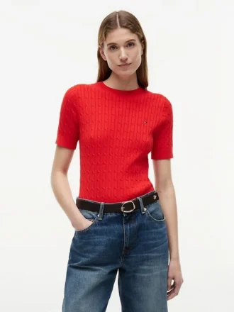 Short-Sleeve Cable Knit Sweater