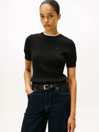 Short-Sleeve Cable Knit Sweater