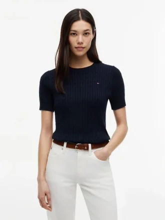 Short-Sleeve Cable Knit Sweater