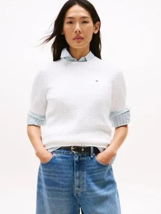 Short-Sleeve Cable Knit Sweater