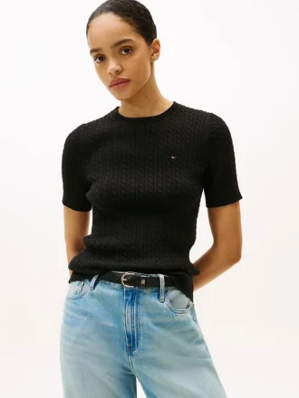 Short-Sleeve Cable Knit Sweater