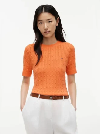 Short-Sleeve Cable Knit Sweater