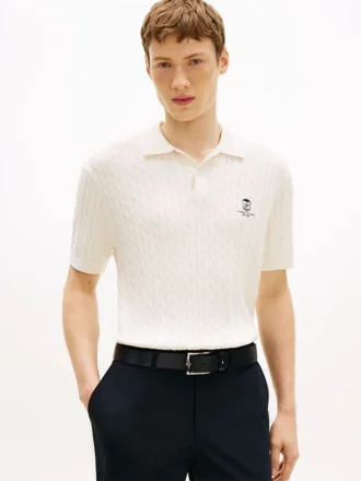 Short-Sleeve Cable Knit Sweater Polo