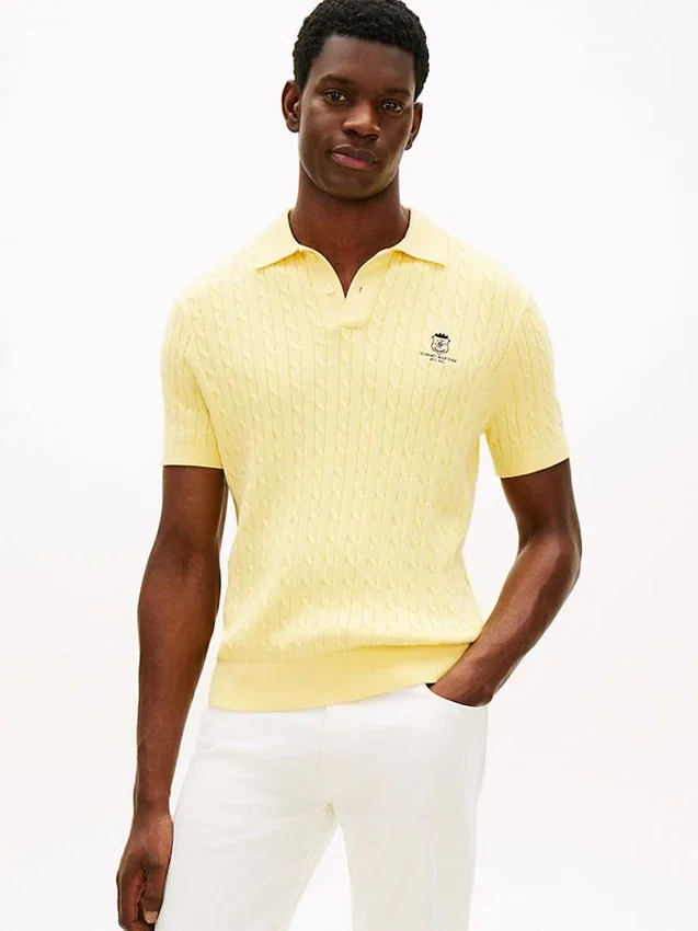 Short-Sleeve Cable Knit Sweater Polo Short-Sleeve Cable Knit Sweater Polo