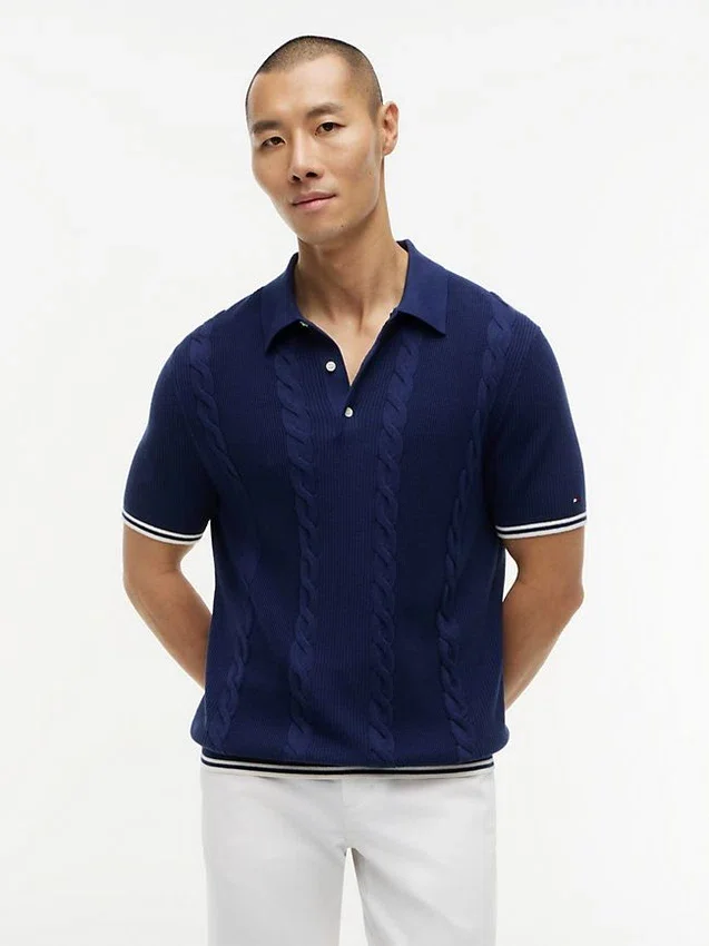Short-Sleeve Cable Knit Sweater Polo Short-Sleeve Cable Knit Sweater Polo