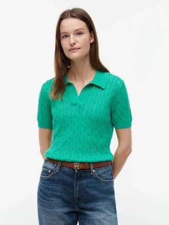 Short-Sleeve Cable Knit Sweater Polo