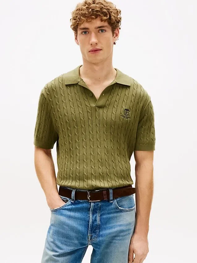 Short-Sleeve Cable Knit Sweater Polo Short-Sleeve Cable Knit Sweater Polo