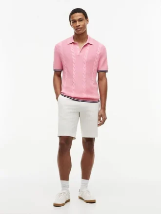 Short-Sleeve Cable Knit Sweater Polo