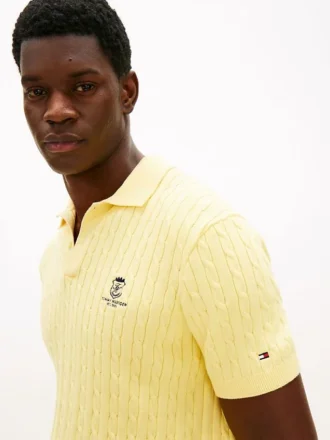 Short-Sleeve Cable Knit Sweater Polo