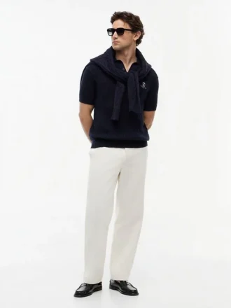 Short-Sleeve Cable Knit Sweater Polo