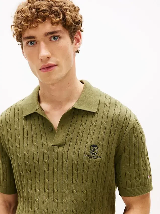 Short-Sleeve Cable Knit Sweater Polo Short-Sleeve Cable Knit Sweater Polo