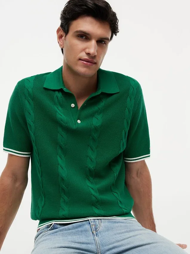 Short-Sleeve Cable Knit Sweater Polo Short-Sleeve Cable Knit Sweater Polo