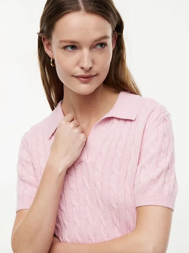 Short-Sleeve Cable Knit Sweater Polo Short-Sleeve Cable Knit Sweater Polo