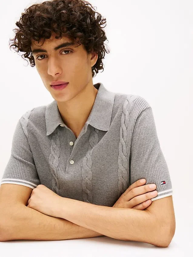 Short-Sleeve Cable Knit Sweater Polo Short-Sleeve Cable Knit Sweater Polo